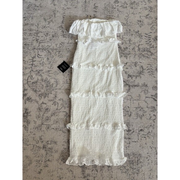 Lulus Eye-Catching Presence White Smock Tiered Strapless Midi Dress Small Beach - Picture 3 of 7